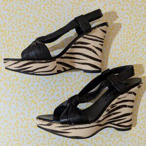 Steven by Steve Madden Black Leather and Zebra fur Wedge size 7
